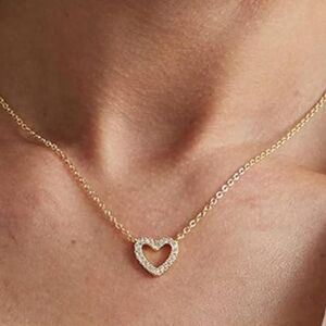 Dainty Hollow Heart Necklace 14K Gold Plated Tiny Heart CZ Pendant Necklace Gift